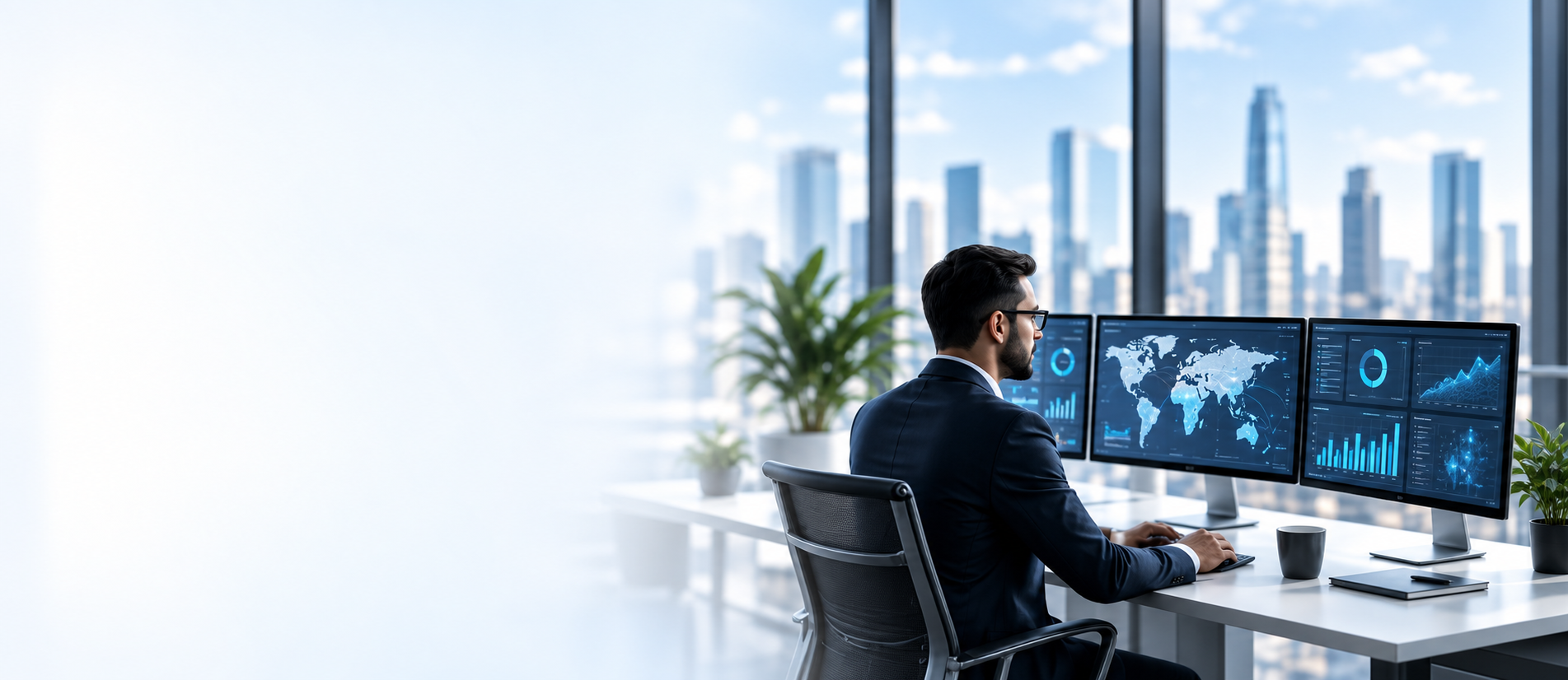 Technology professional analyzing data on multiple monitors in a bright modern office